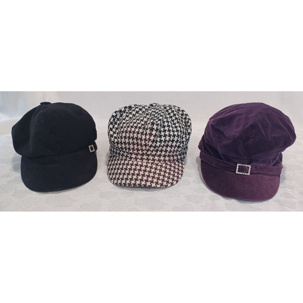 NEWSBOY HATS LOT OF 3 ~ BLACK ~ PURPLE VELVETEEN ~ BLACK & WHITE HOUNDSTOOTH
